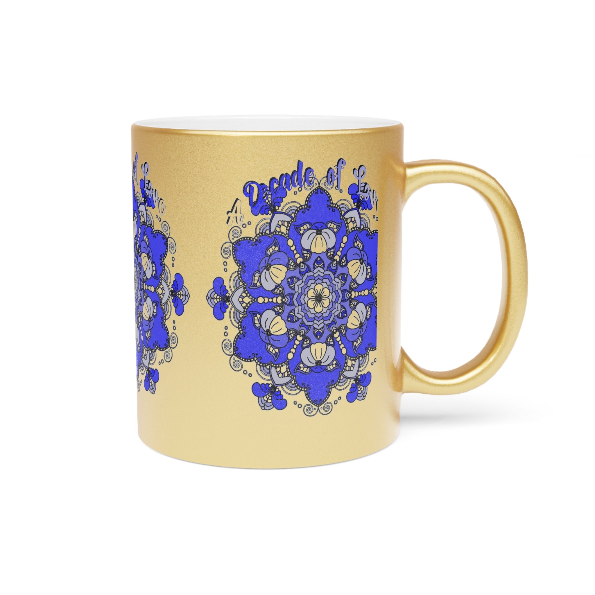 10th Anniversary Metallic Mug "A Decade of Love" - Hand Drawn Mandala Design in Gold & Silver | Perfect Tin/Aluminum Anniversary Gift - Blululi