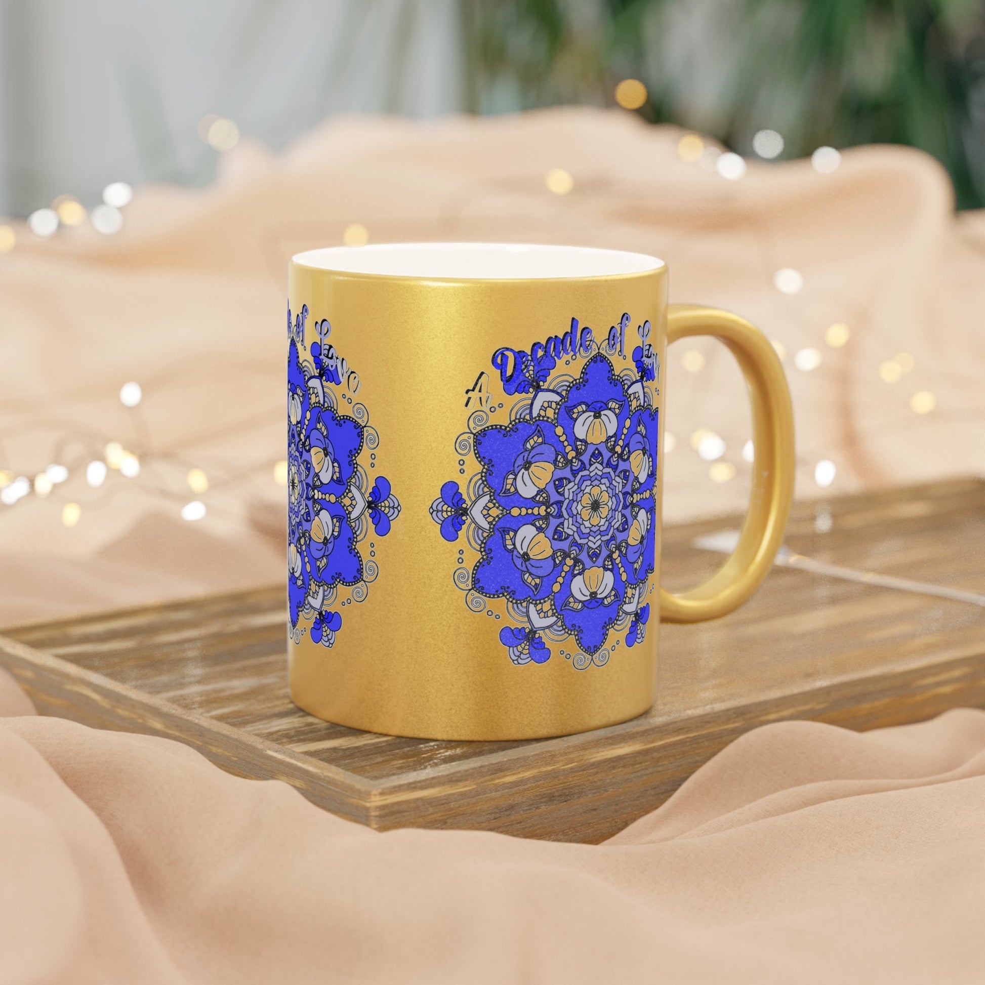 10th Anniversary Metallic Mug "A Decade of Love" - Hand Drawn Mandala Design in Gold & Silver | Perfect Tin/Aluminum Anniversary Gift - Blululi