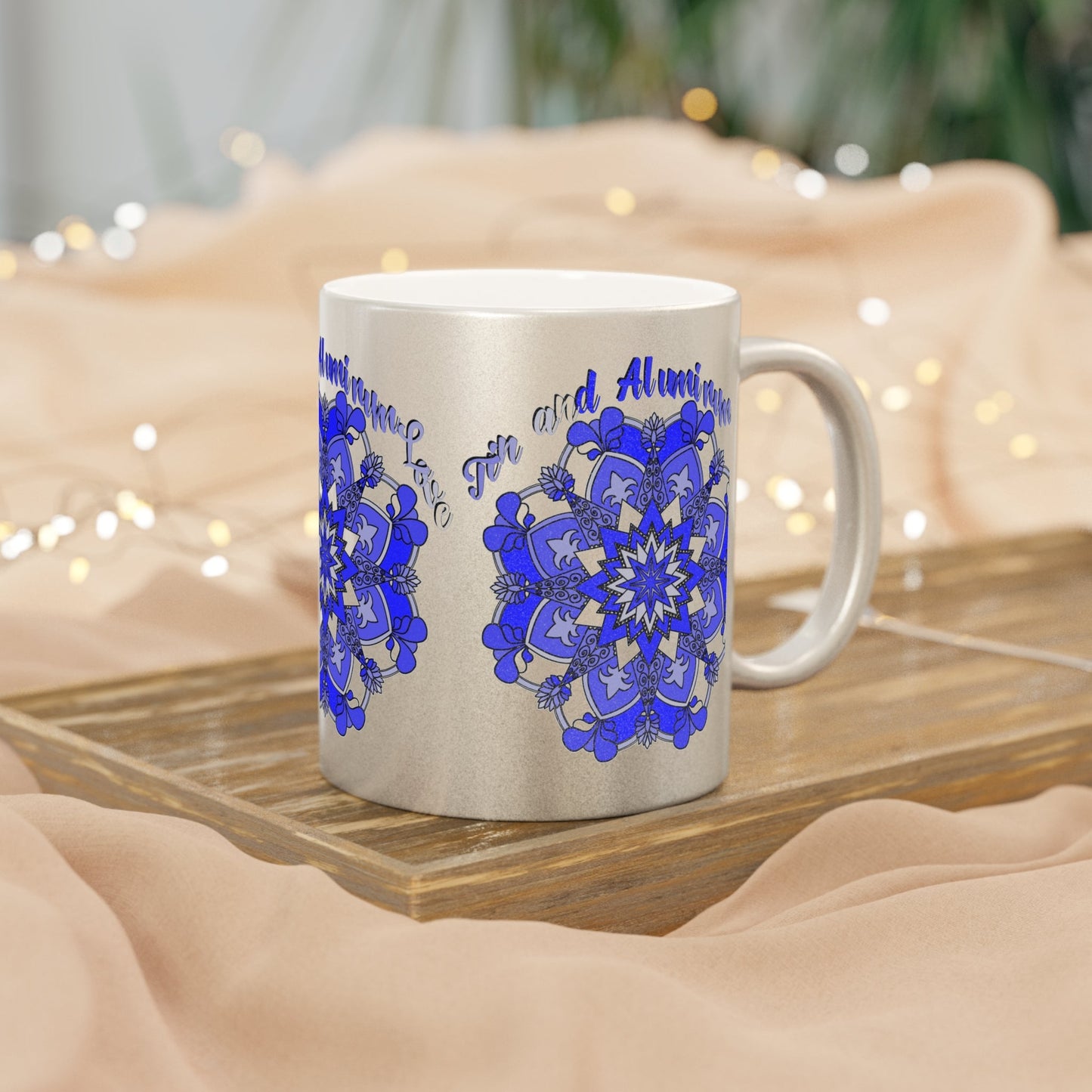 10th Anniversary Metallic Mug "Tin and Aluminum Love" - Hand Drawn Mandala Design in Gold & Silver | Perfect Tin/Aluminum Anniversary Gift - Blululi