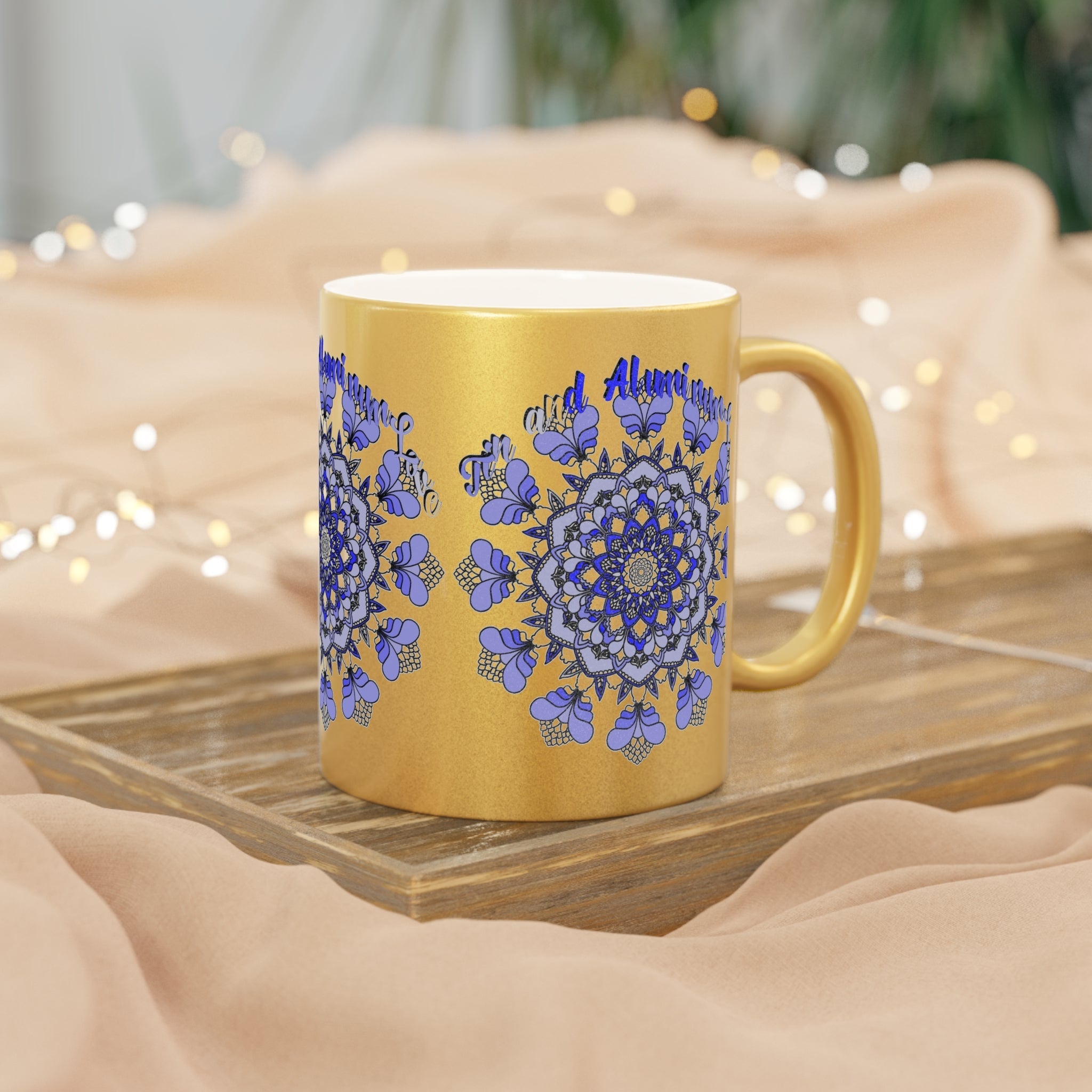 10th Anniversary Metallic Mug "Tin and Aluminum Love" - Hand Drawn Mandala Design in Gold & Silver | Perfect Tin/Aluminum Anniversary Gift - Blululi