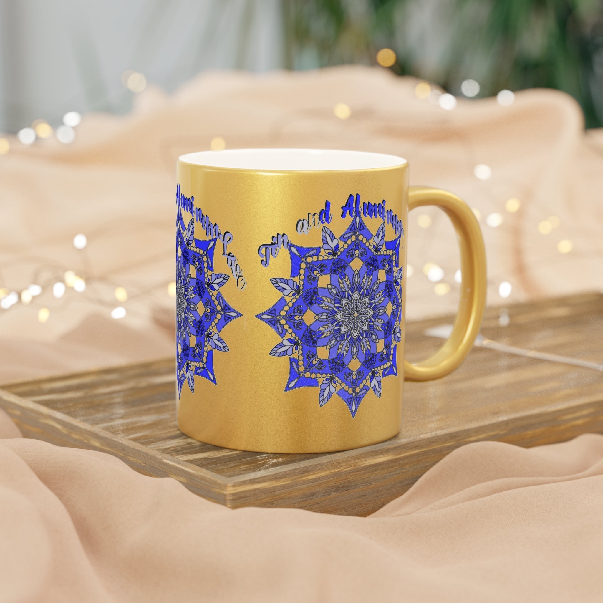 10th Anniversary Metallic Mug "Tin and Aluminum Love" - Hand Drawn Mandala Design in Gold & Silver | Perfect Tin/Aluminum Anniversary Gift - Blululi