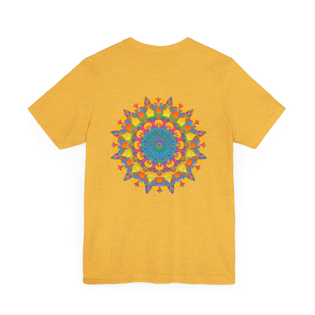 A stunning, colorful mandala design T-shirt that promotes peace and harmony