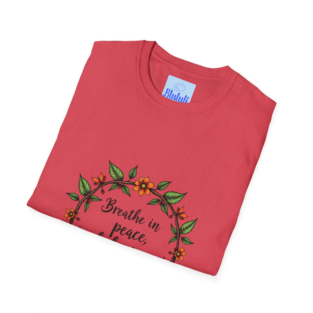 A white t-shirt with a beautiful floral garland design and the text Breathe in Peace Exhale Stress slogan