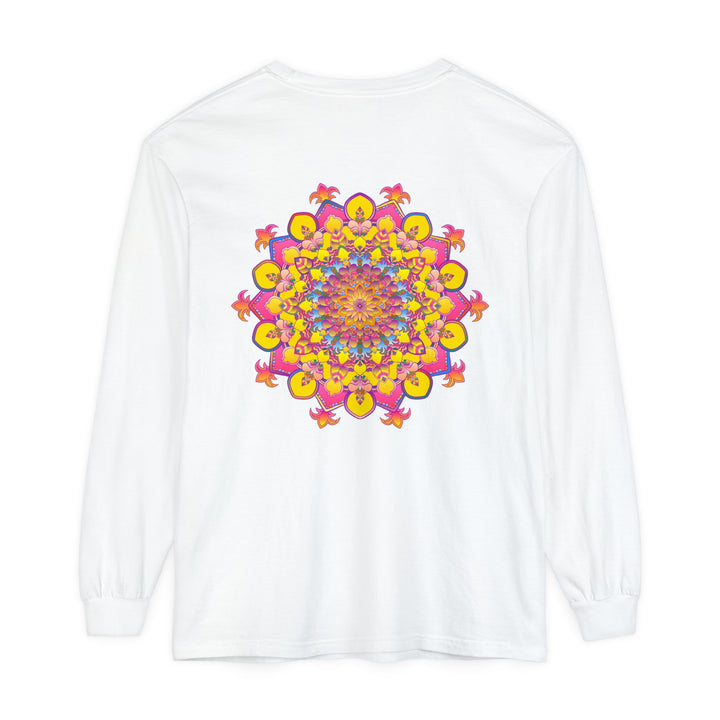 Colorful and intricate mandala design on a unisex long sleeve t-shirt