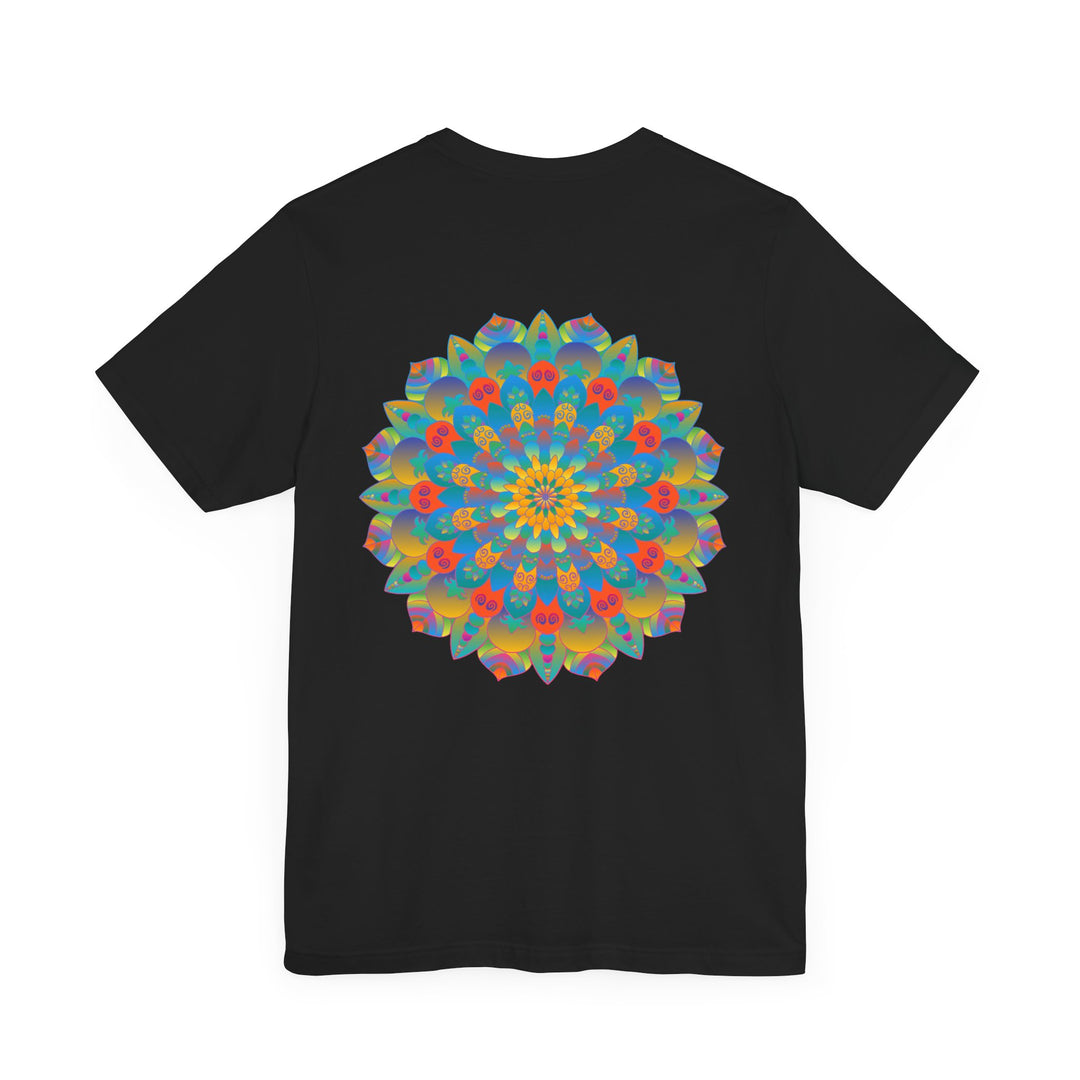 Colorful and intricate psychedelic mandala design on t-shirt promoting spiritual peace and tranquility