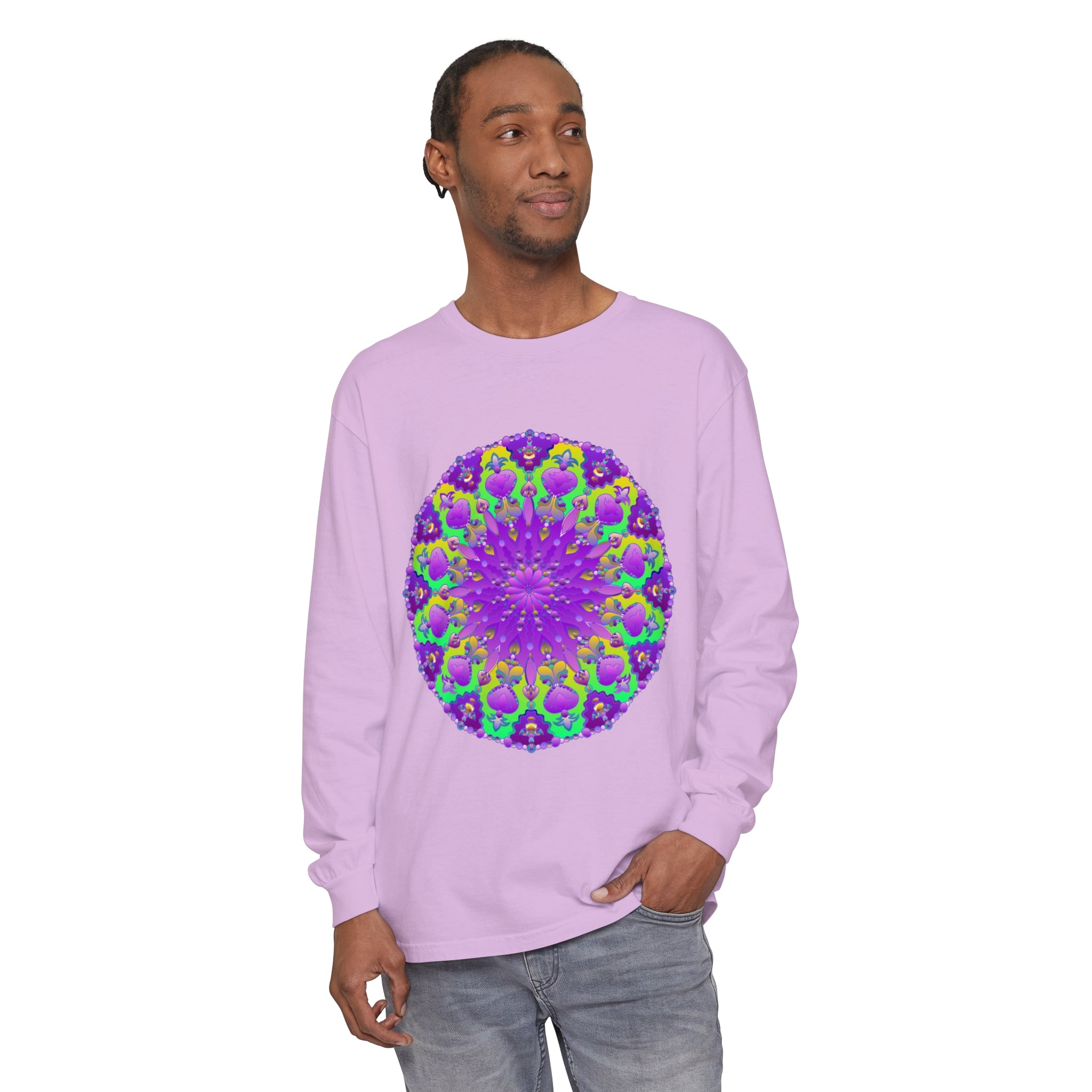 Vibrant purple and green mandala patterned long sleeve t-shirt for women