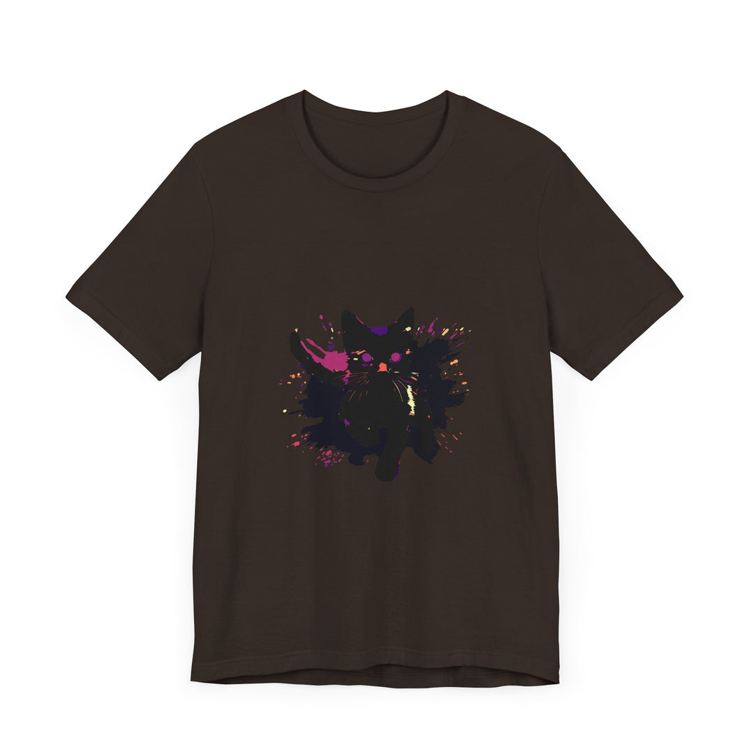 Black Cat Mystery T-Shirt featuring a bold and colorful design with a playful and mysterious black cat graphic printed on a high-quality cotton shirt