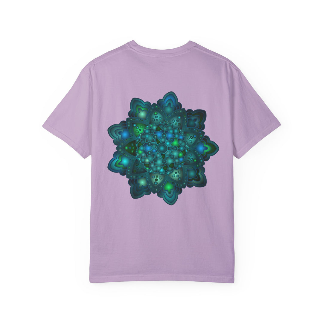 Intricate blue and green mandala design printed on a unisex T-shirt