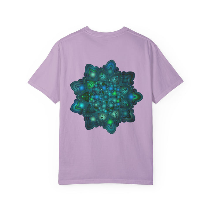 Intricate blue and green mandala design printed on a unisex T-shirt