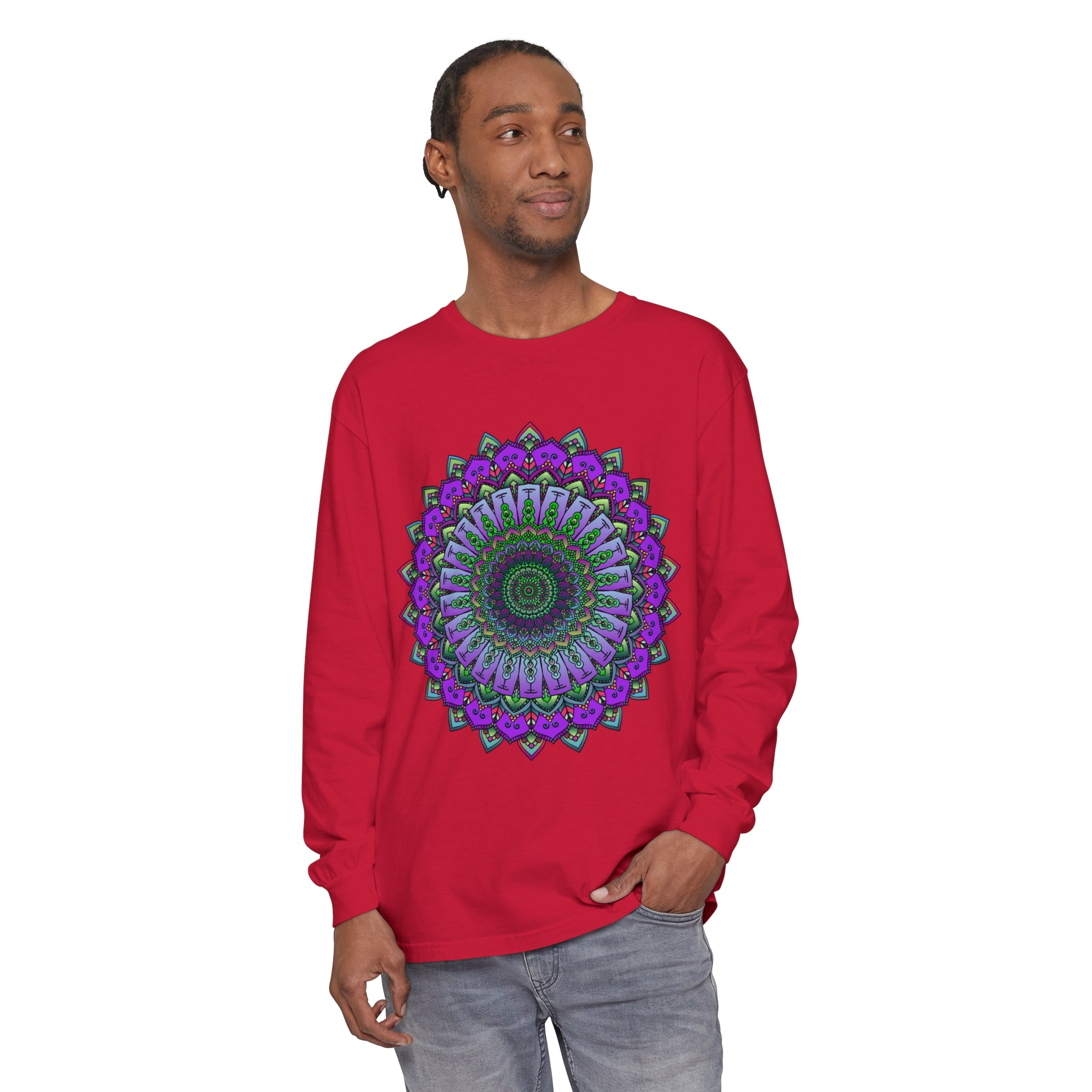 Intricate Mandala Unisex Long Sleeve T-Shirt featuring detailed geometric design in vibrant colors