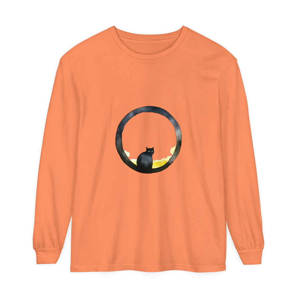 Black Cat Moon Glow Long Sleeve T-Shirt with a spooky, glowing moon and black cat design on a comfortable, soft fabric