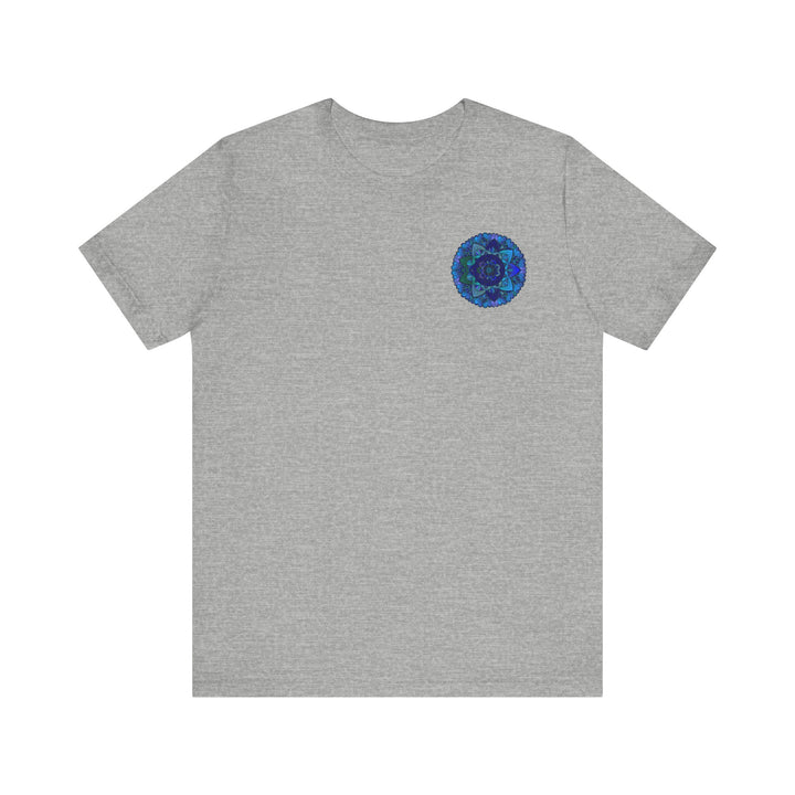 Beautiful blue mandala t-shirt with intricate spiritual design promoting peace and harmony