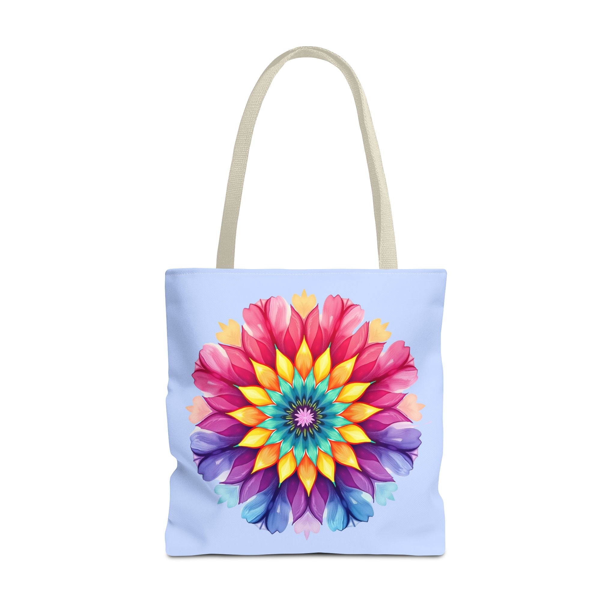 Colorful rainbow mandala tote bag with intricate patterns and vibrant hues