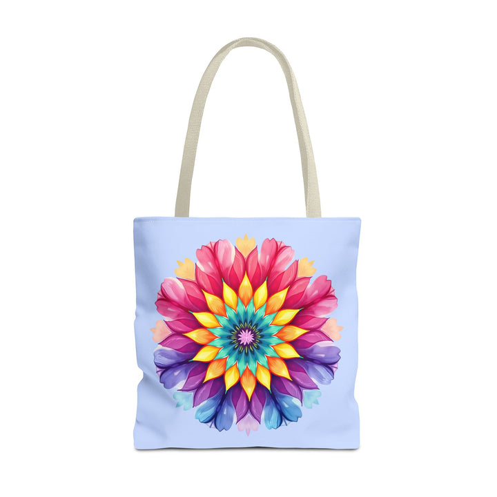 Colorful rainbow mandala tote bag with intricate patterns and vibrant hues