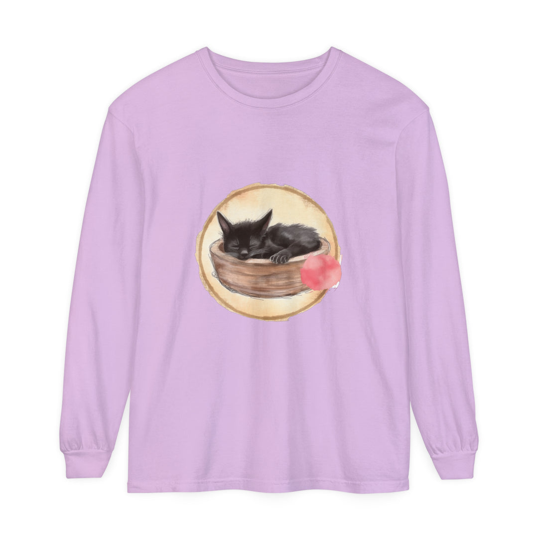 Adorable watercolor long sleeve t-shirt with a sleeping cat in a bowl design