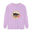 Adorable watercolor long sleeve t-shirt with a sleeping cat in a bowl design