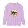 Adorable watercolor long sleeve t-shirt with a sleeping cat in a bowl design