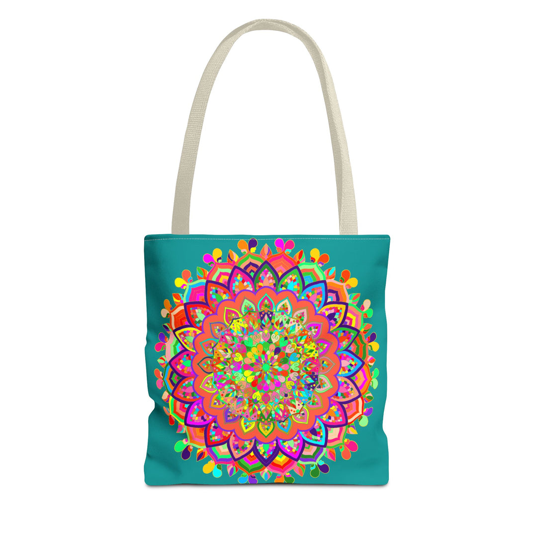 Beautiful aquamarine tote bag with intricate and colorful mandala art design