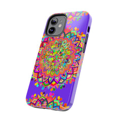 Phone case featuring a hand-drawn purple mandala art design for protection and style