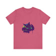 A vibrant and eye-catching black t-shirt with a colorful paint splatter design featuring a mysterious black cat