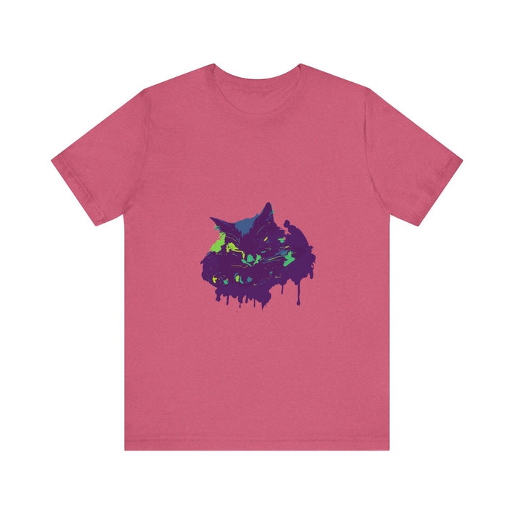 A vibrant and eye-catching black t-shirt with a colorful paint splatter design featuring a mysterious black cat