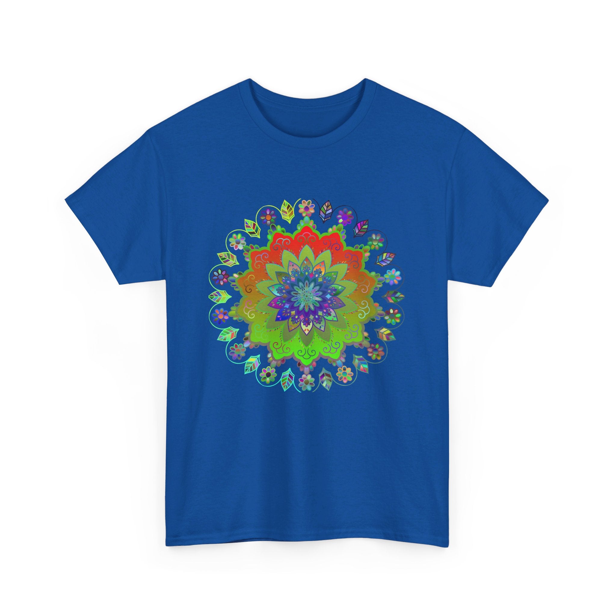 A close-up image of a heavy cotton t-shirt featuring a colorful mandala art design, perfect for yoga and mindfulness practices, suitable for both men and women