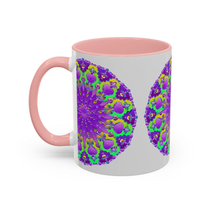 Beautiful purple mandala design on a grey ceramic mug, perfect for adding a pop of vibrant art to your morning coffee routine