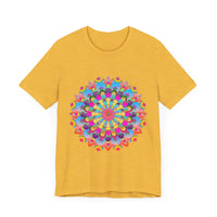 Vibrant and intricate mandala flower design on a t-shirt, inspired by psychedelic art and featuring a colorful array of patterns and shapes