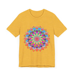 Vibrant and intricate mandala flower design on a t-shirt, inspired by psychedelic art and featuring a colorful array of patterns and shapes