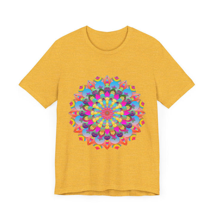 Vibrant and intricate mandala flower design on a t-shirt, inspired by psychedelic art and featuring a colorful array of patterns and shapes