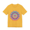 Vibrant and intricate mandala flower design on a t-shirt, inspired by psychedelic art and featuring a colorful array of patterns and shapes