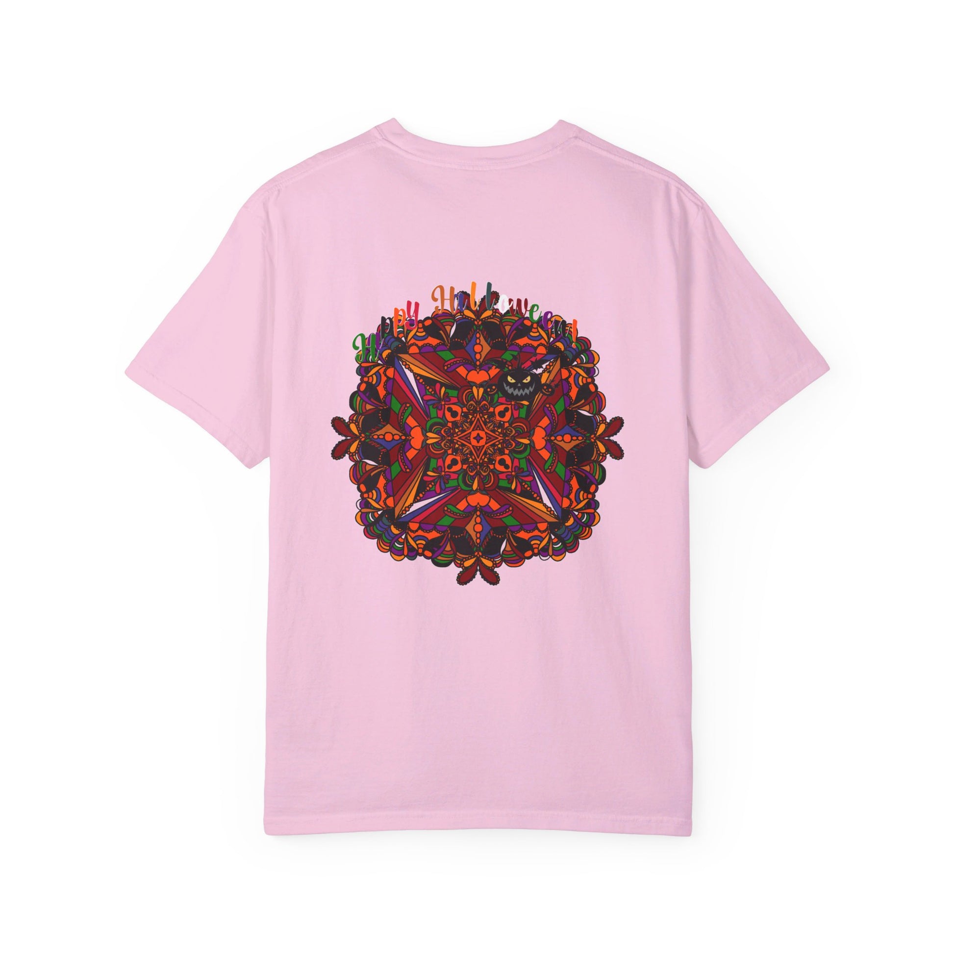 Handmade unisex Halloween Mandala T-shirt featuring pumpkin mandala art on a garment-dyed tee