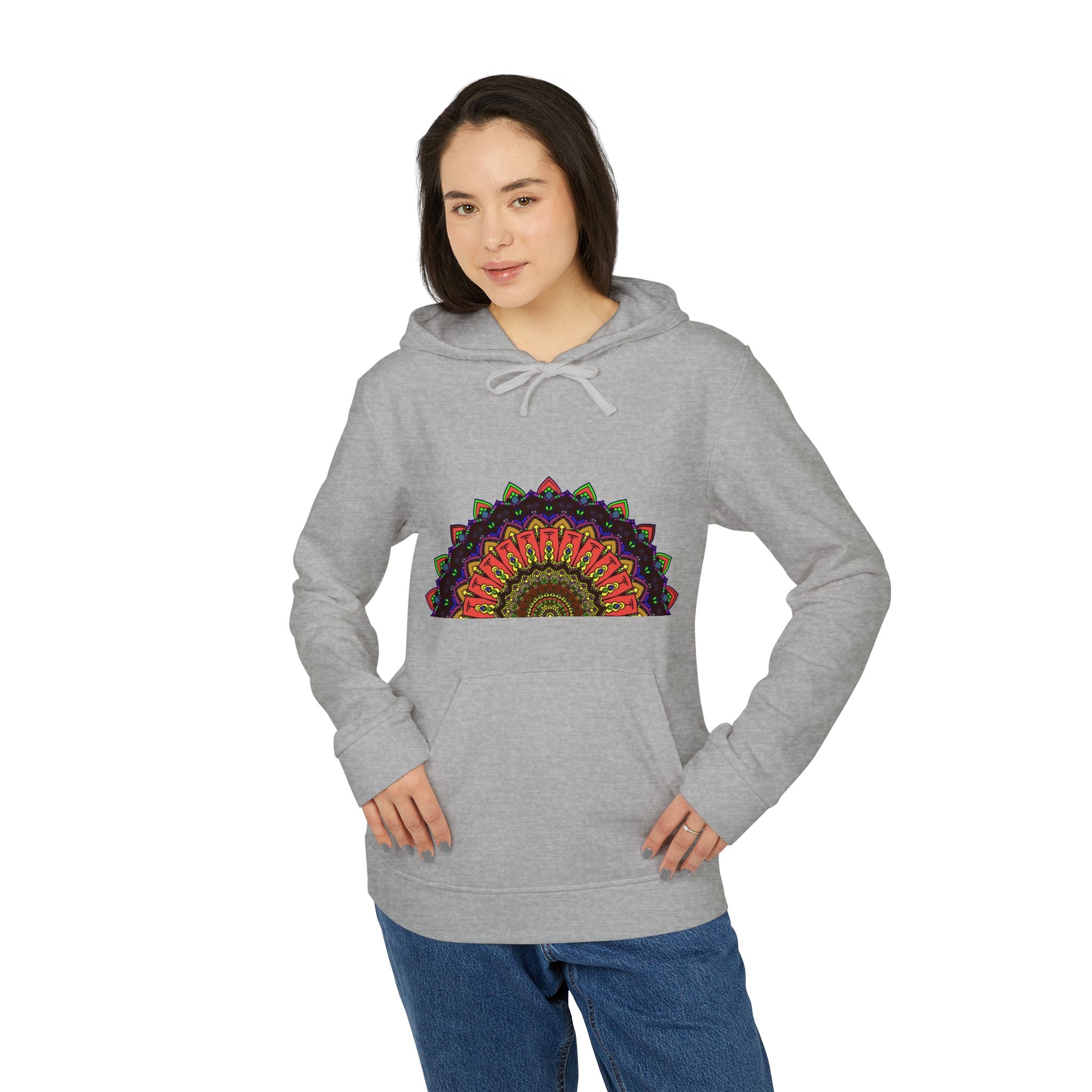 Blululi Mandala Fleece Hoodie, a custom Adidas product with intricate mandala design and cozy fleece material perfect for casual wear and outdoor activities