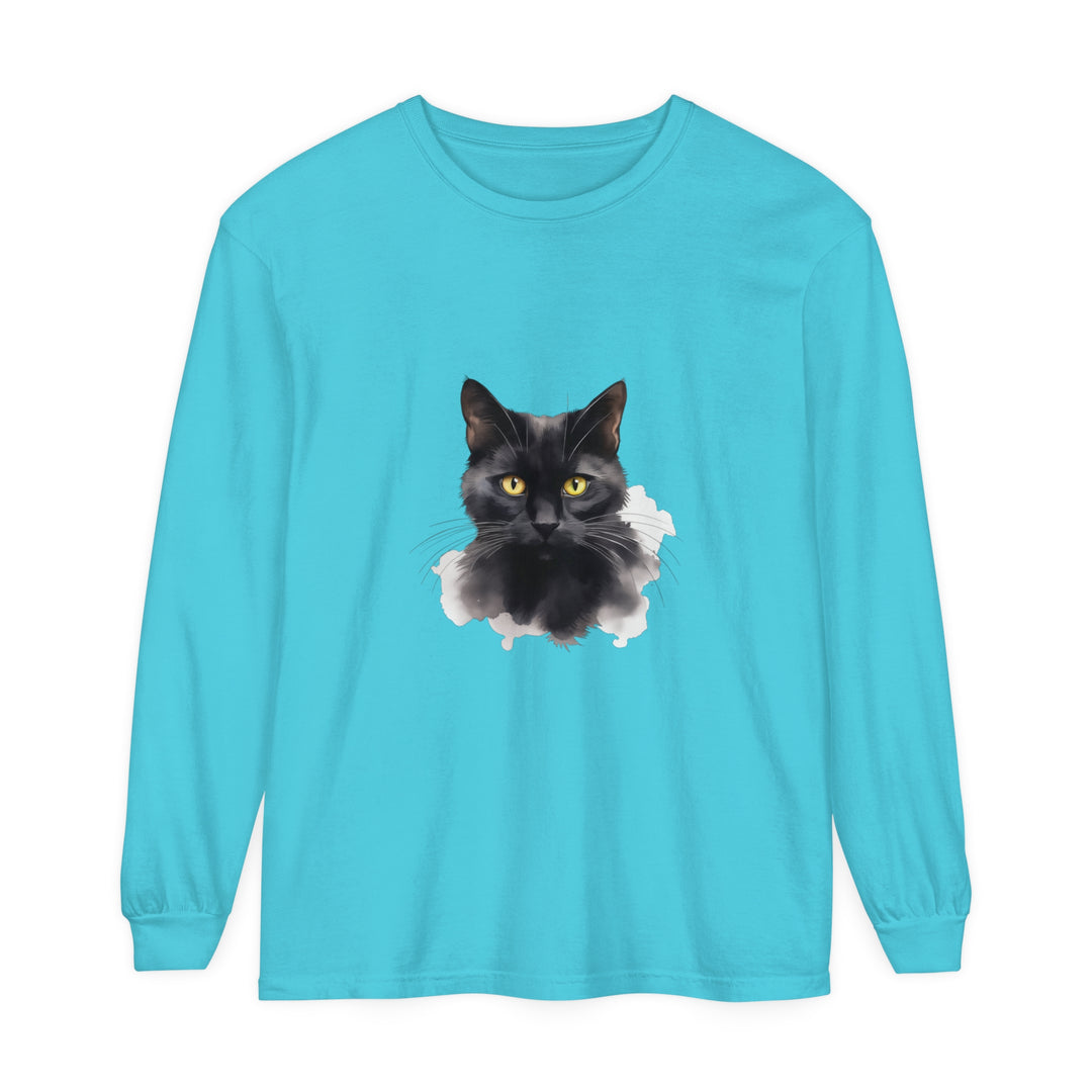 Black Cat Portrait Unisex Long Sleeve T-Shirt, featuring a detailed feline design