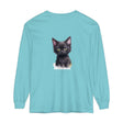 A close up image of a cute black kitten with vibrant green eyes printed on a soft and comfortable t-shirt