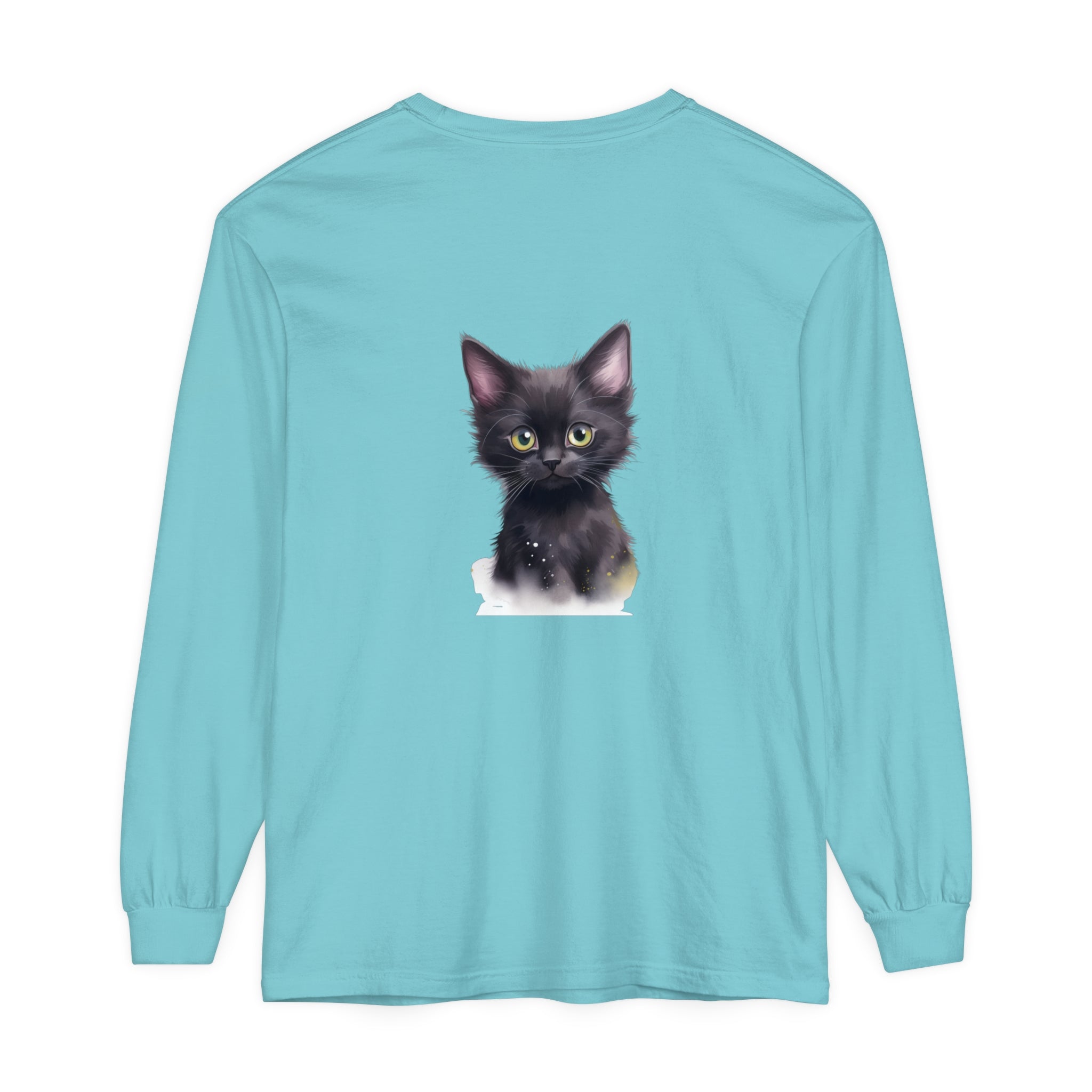 A close up image of a cute black kitten with vibrant green eyes printed on a soft and comfortable t-shirt