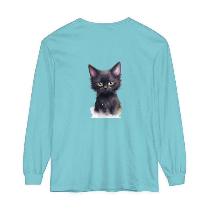 A close up image of a cute black kitten with vibrant green eyes printed on a soft and comfortable t-shirt