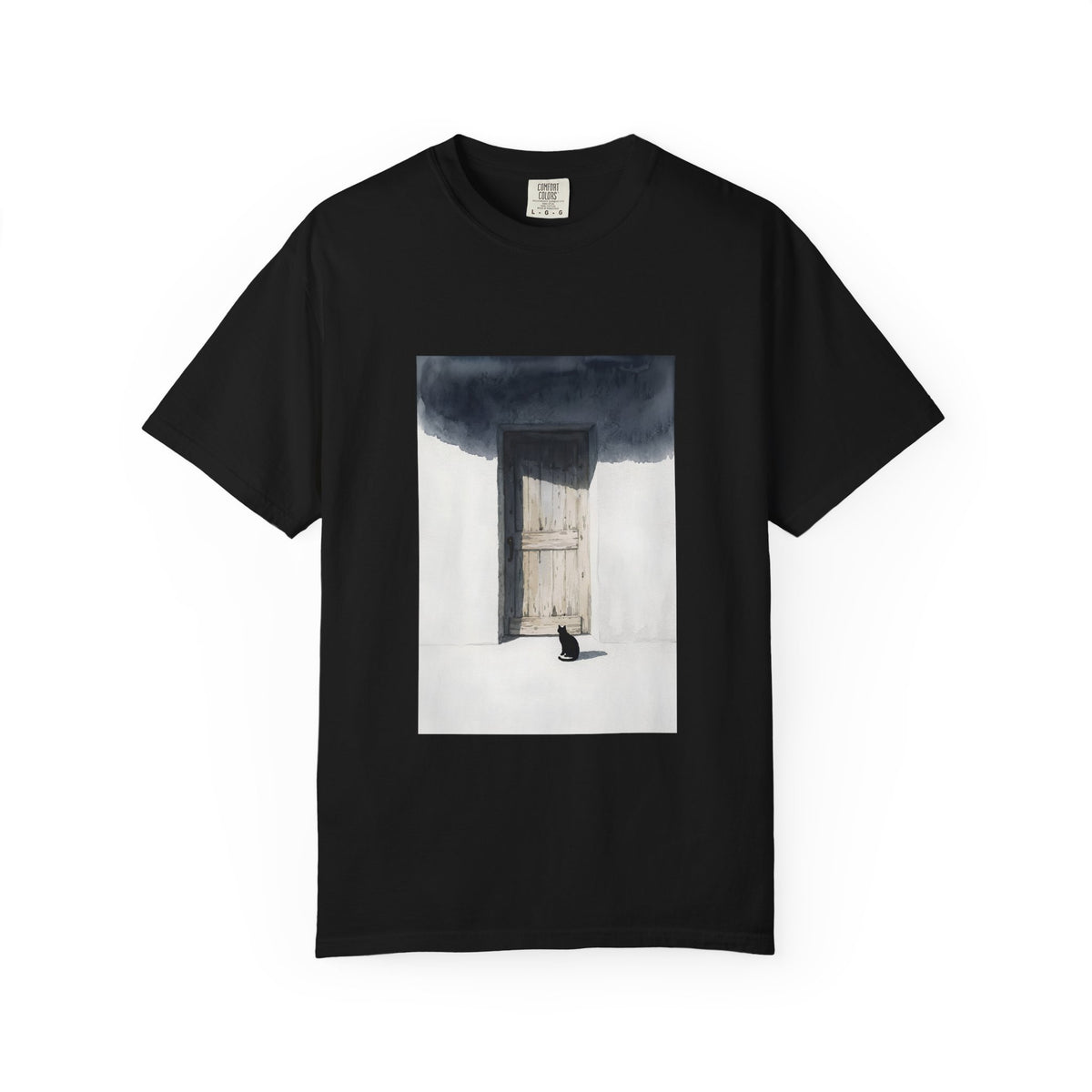T-Shirt — Minimal Art Cat at Door Graphic Tee