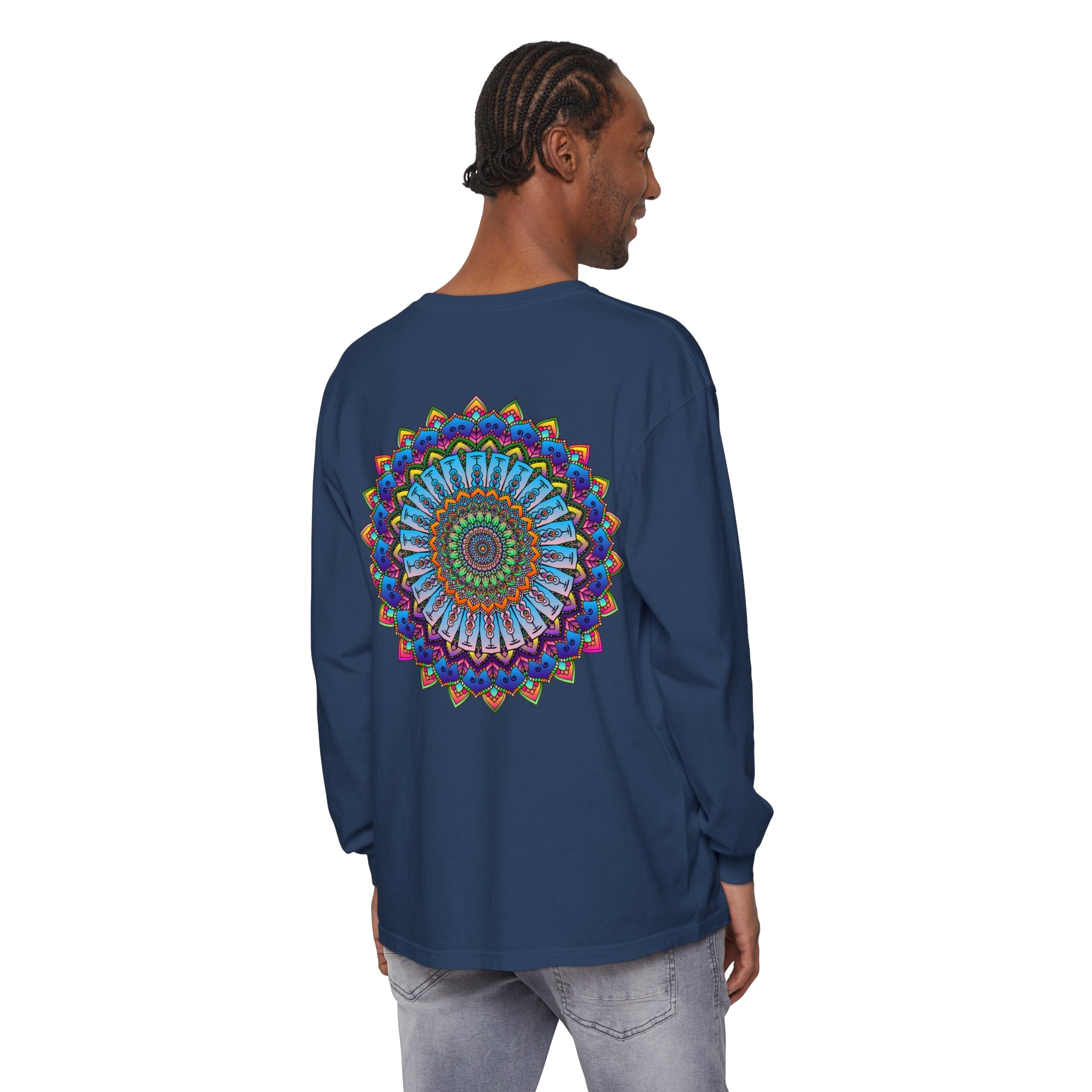 Colorful and detailed long sleeve unisex t-shirt featuring a vibrant mandala design