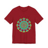 A vibrant and colorful tie-dye t-shirt featuring a psychedelic mandala design