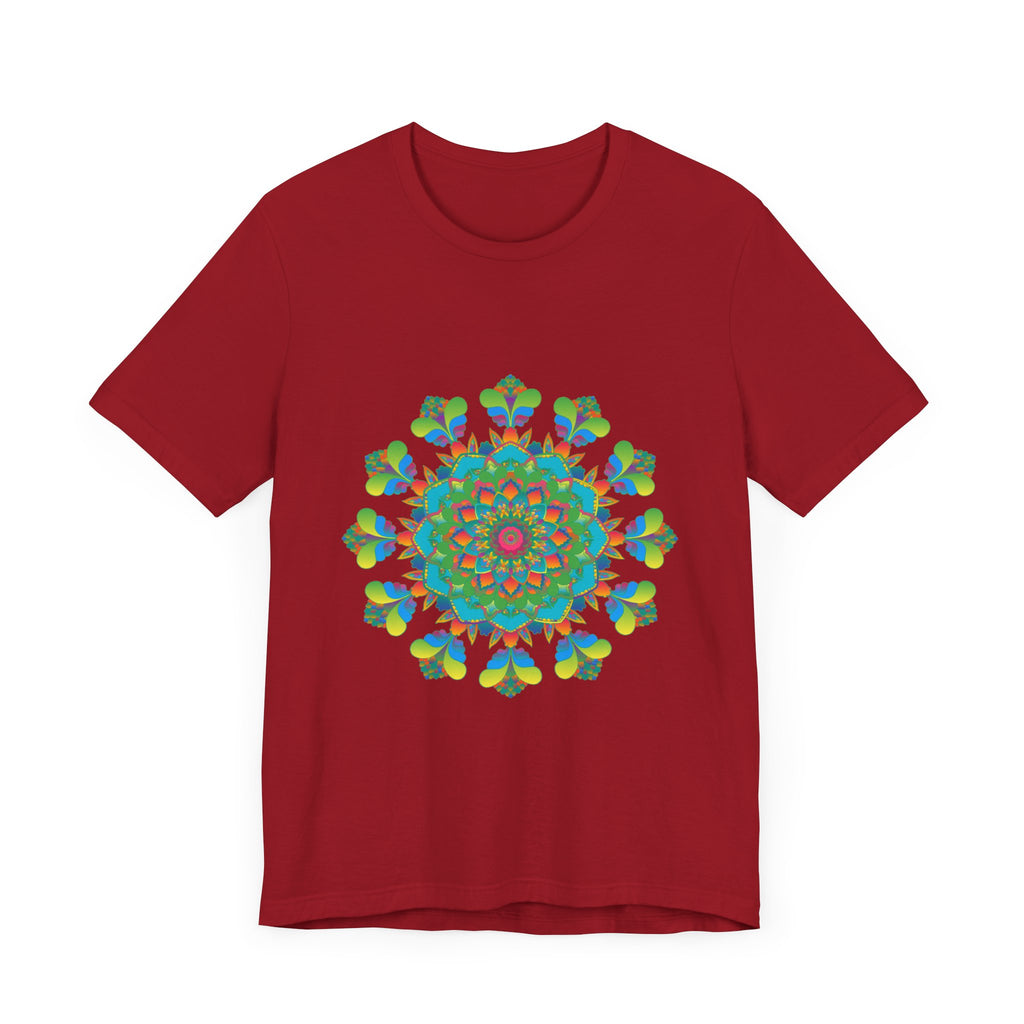 A vibrant and colorful tie-dye t-shirt featuring a psychedelic mandala design