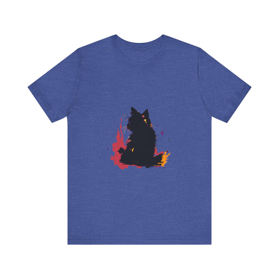 Black Cat Mystery T-Shirt featuring vibrant and colorful splatter art design