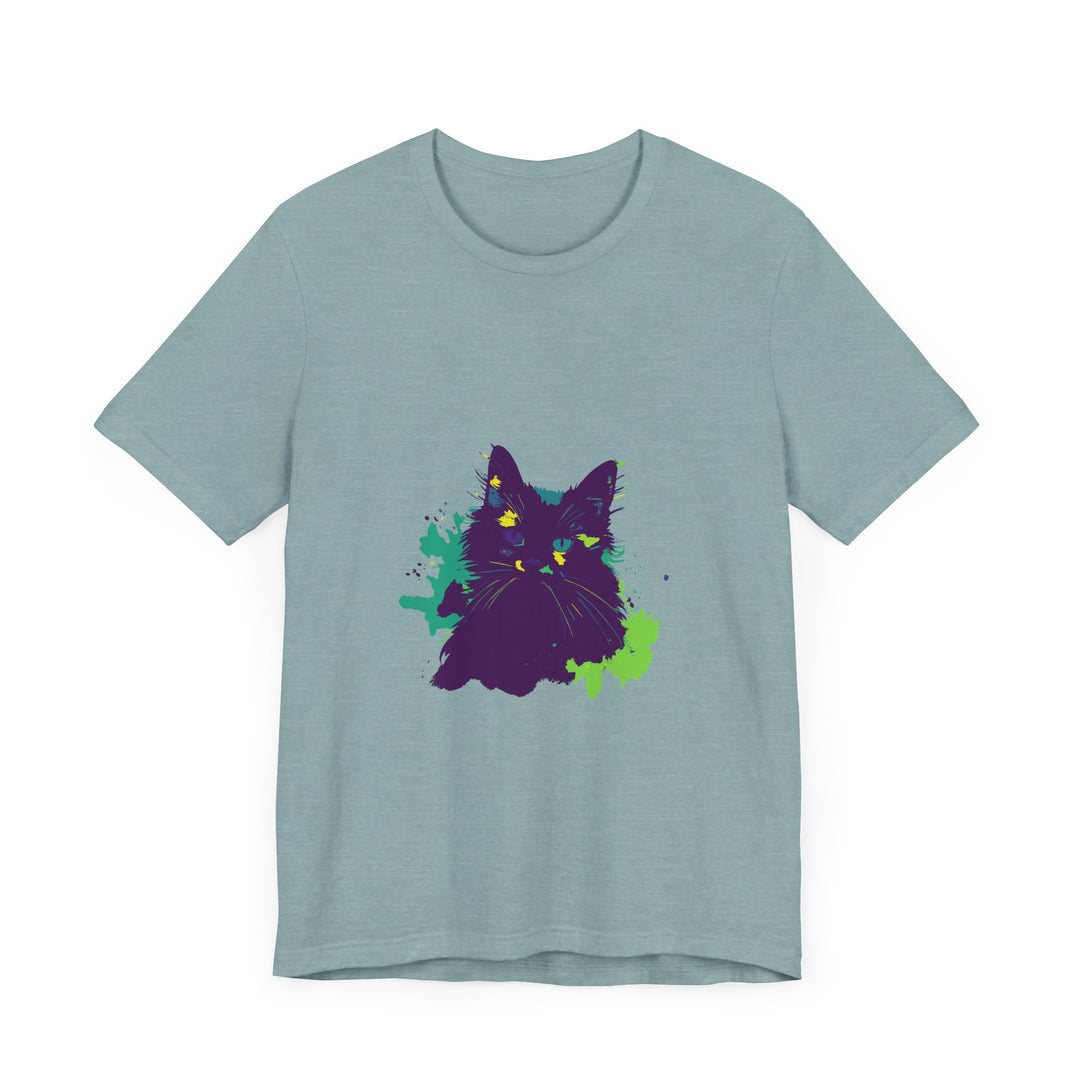 Vibrant purple t-shirt with abstract design featuring a mysterious cat