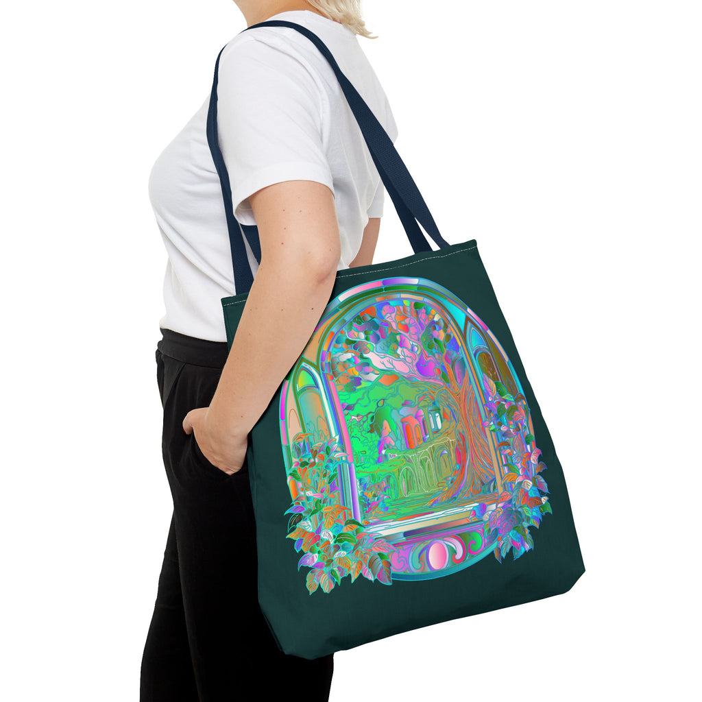 Colorful and intricate Mystical Nature Mandala Tote Bag with vibrant floral patterns and nature-inspired design, perfect for carrying essentials in style