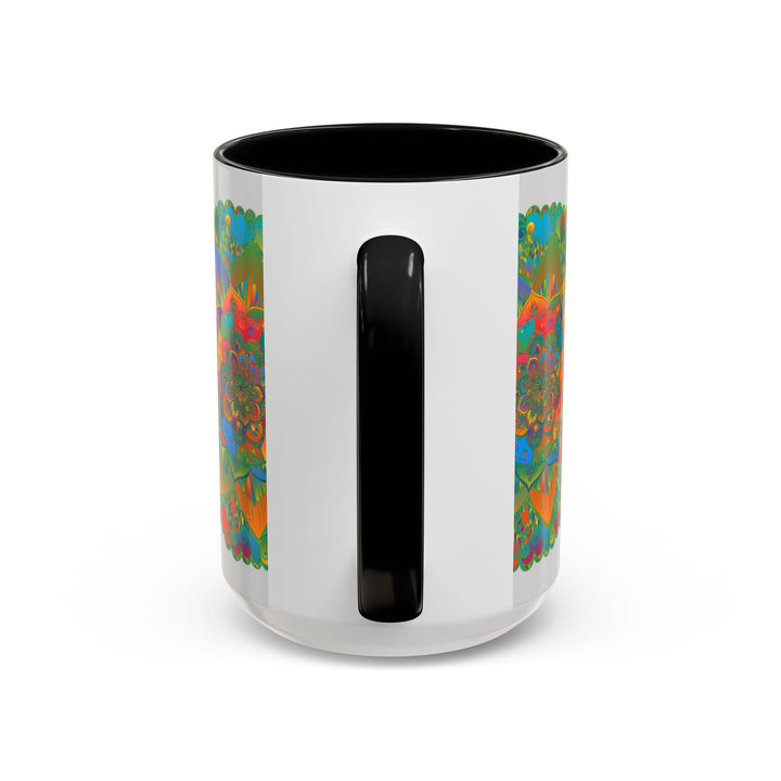 Beautiful ceramic mug featuring a vibrant mandala art design with colorful floral patterns, perfect for sipping your favorite hot beverage in style