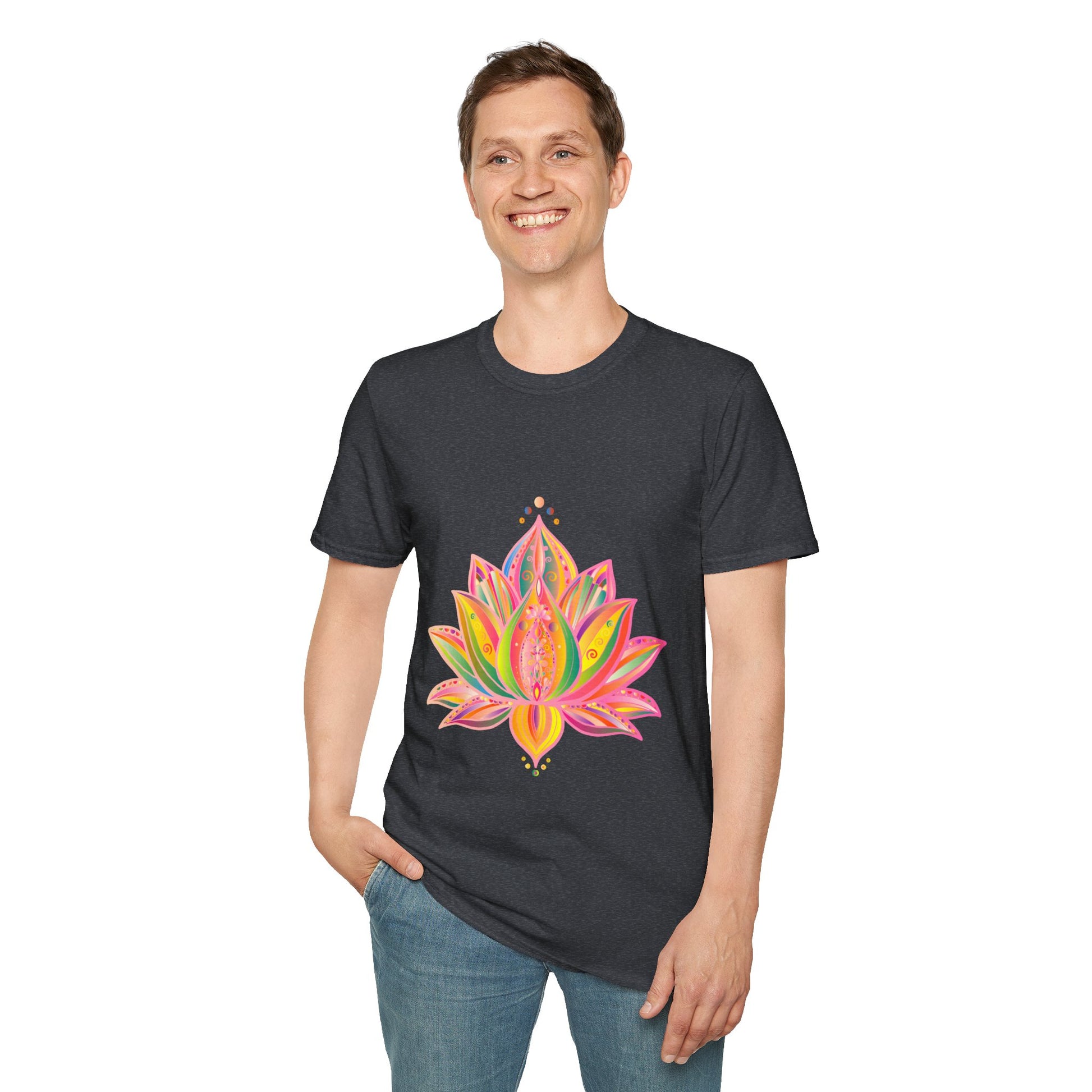 Close-up of a Lotus Mandala Unisex T-Shirt with a hand-drawn unique design by Blululi, featuring intricate patterns and vibrant colors