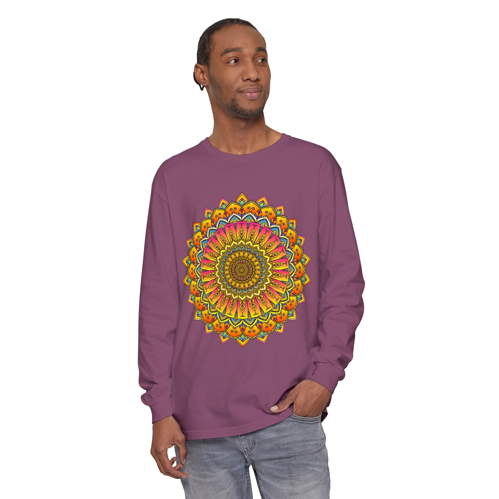 Mandala long sleeve t-shirt in unisex sizing with vibrant and bold print