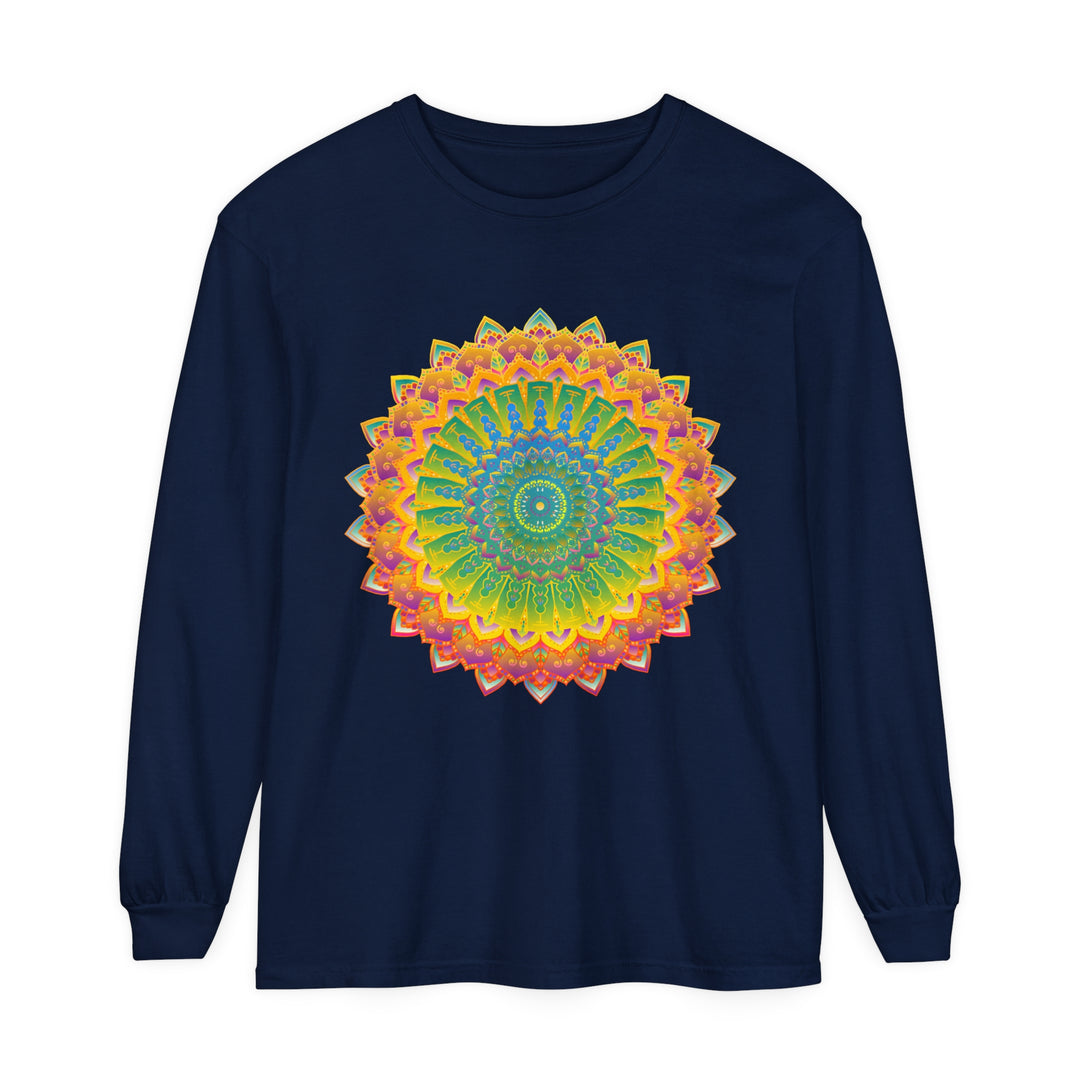 Intricate Mandala Unisex Long Sleeve T-Shirt featuring a detailed and colorful mandala design on a comfortable, unisex long sleeve shirt