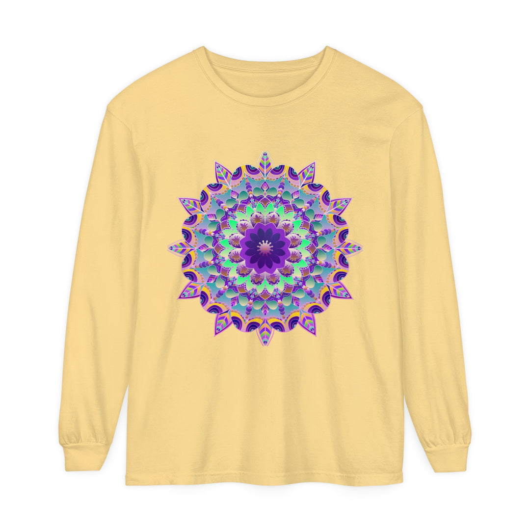 Colorful and intricate psychedelic mandala design on a long sleeve t-shirt