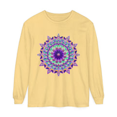 Colorful and intricate psychedelic mandala design on a long sleeve t-shirt